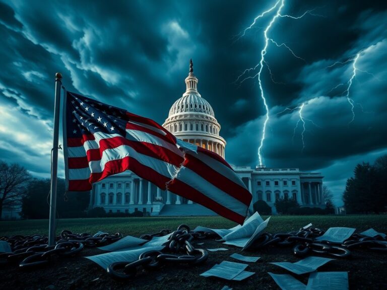 Flick International U.S. Capitol building under a stormy sky with a cracked American flag in the foreground