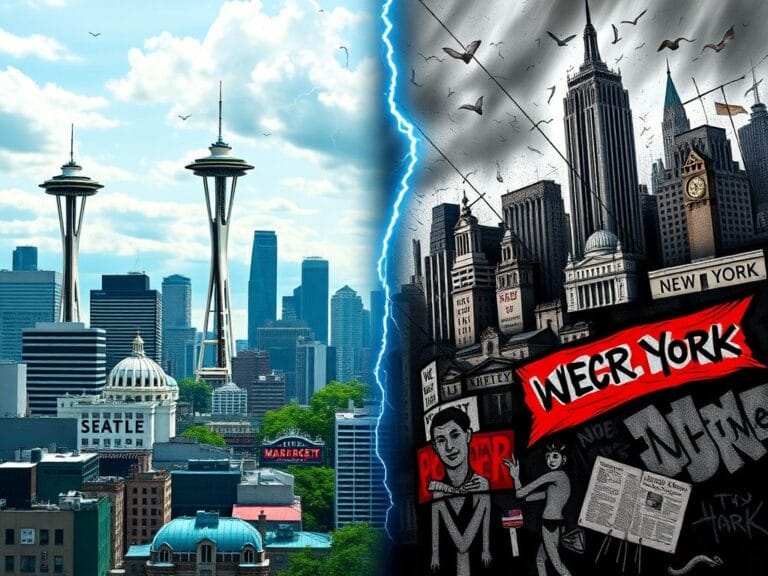 Flick International Split image showcasing contrasting Seattle and New York City political landscapes, with vibrant Seattle cityscape on the left and chaotic New York skyline on the right.