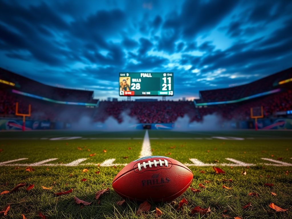 Flick International A dramatic football field scene showcasing the Buffalo Bills and Kansas City Chiefs during a twilight game