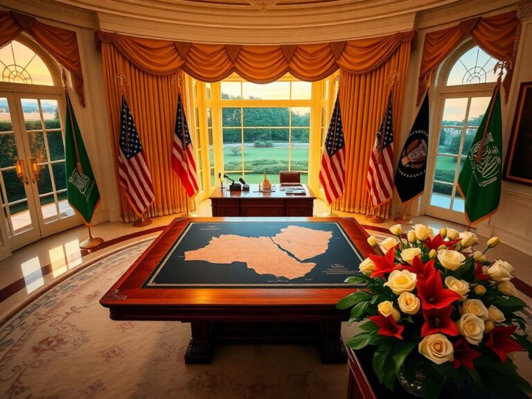 Flick International Spacious interior of the White House with a detailed map symbolizing US-Saudi diplomatic ties