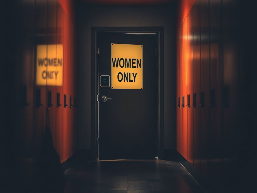 Flick International Women's locker room door slightly ajar with a 'Women Only' sign