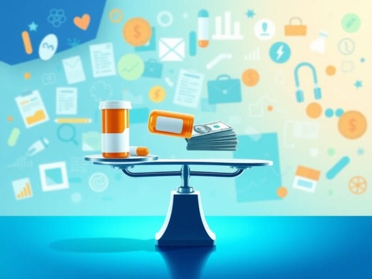 Flick International Abstract illustration of healthcare reform featuring a weighing scale with a pill bottle and dollar bills.