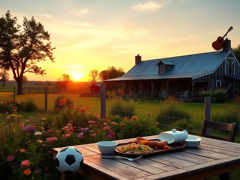 Flick International A serene rural landscape at dusk with a cozy farmhouse and colorful wildflowers