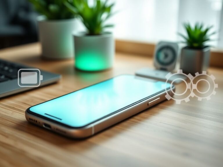 Flick International Close-up view of an iPhone on a modern wooden desk with a glowing screen