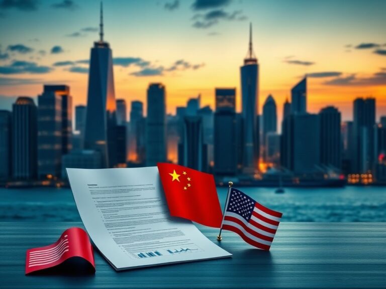 Flick International Panoramic view of a modern city skyline at dusk showcasing iconic skyscrapers representing global trade and economic power.