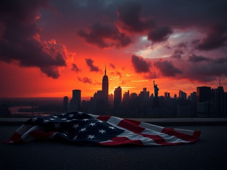 Flick International Dramatic skyline of New York City at sunset with storm clouds