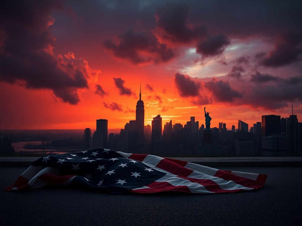 Flick International Dramatic skyline of New York City at sunset with storm clouds