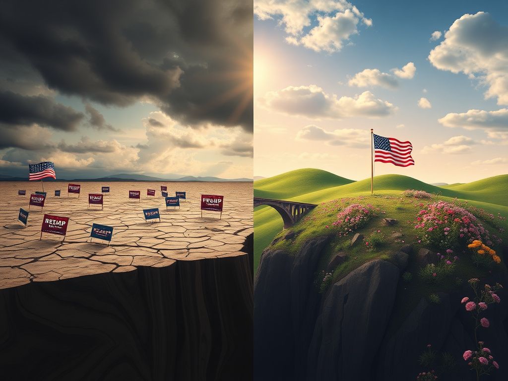 Flick International A split scene representing the chaotic current state of the Republican party and a hopeful future landscape.