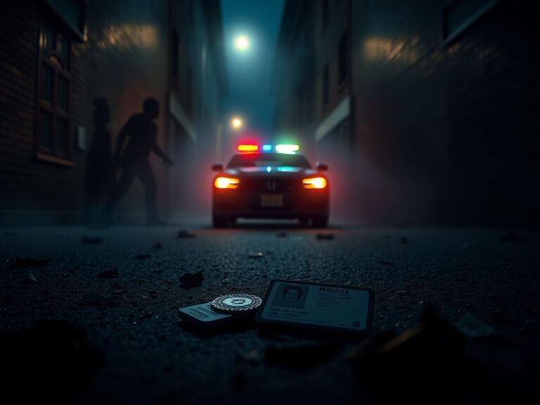 Flick International A dimly lit alleyway with a discarded fake badge and identification card on the ground amidst debris.