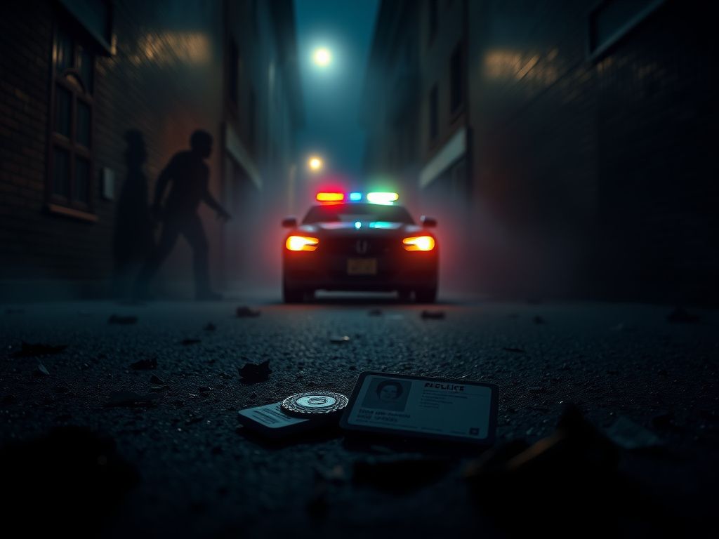 Flick International A dimly lit alleyway with a discarded fake badge and identification card on the ground amidst debris.