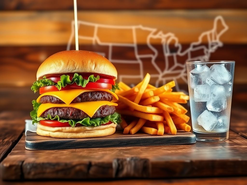 Flick International A close-up of a classic cheeseburger with fresh toppings and crispy fries on a rustic wooden table