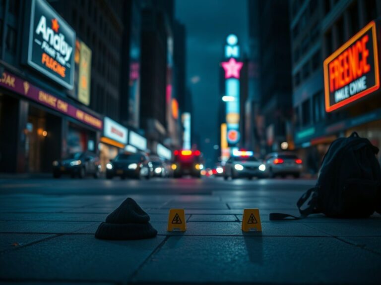 Flick International Nighttime urban scene in Midtown Manhattan with evidence markers on the pavement indicating recent incident