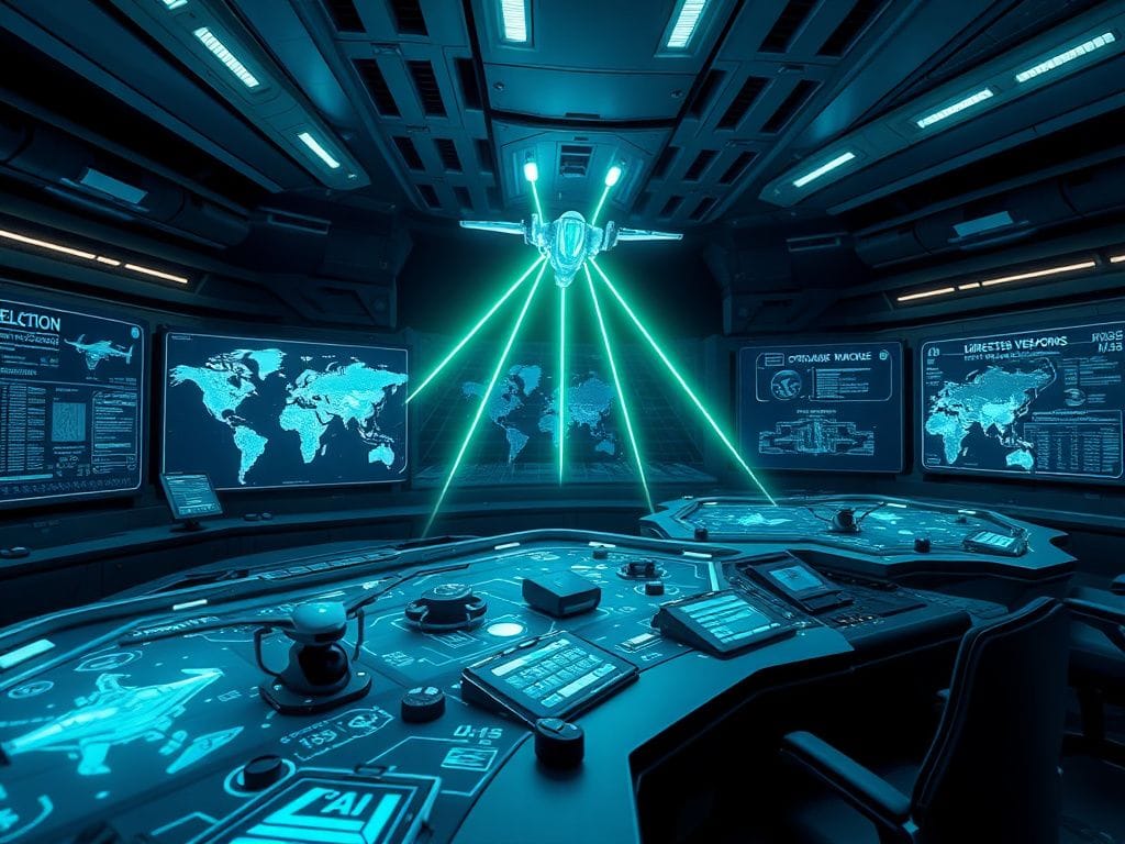 Flick International futuristic military command center featuring advanced technology and holographic displays