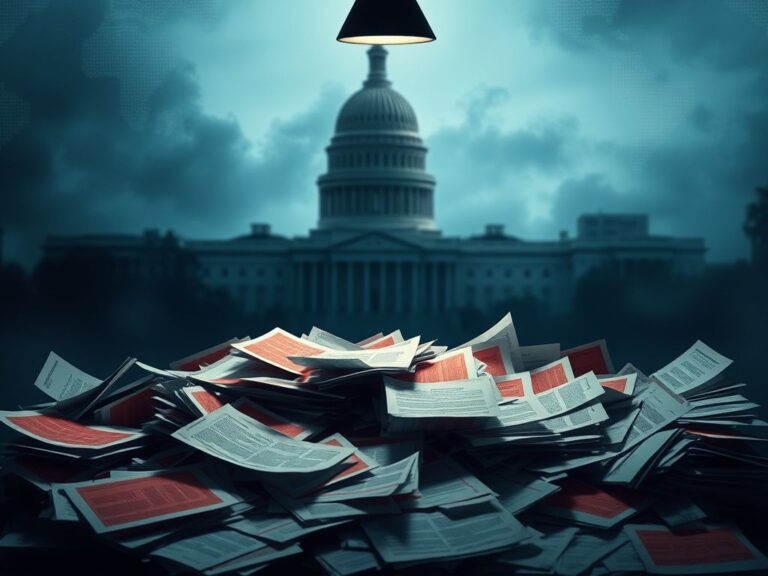 Flick International Abstract representation of political tension with cluttered documents and iconic buildings in the background