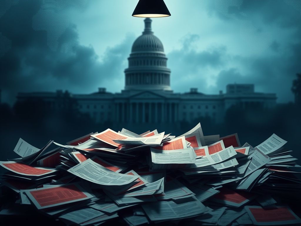 Flick International Abstract representation of political tension with cluttered documents and iconic buildings in the background