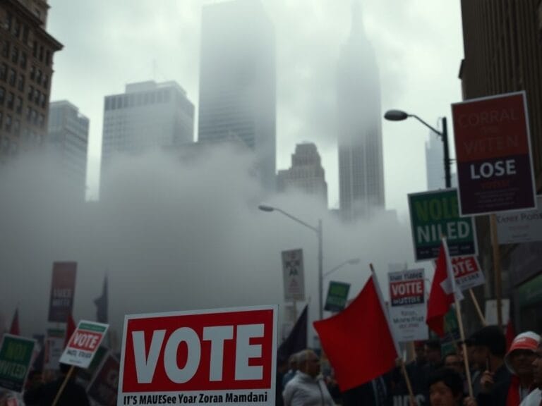 Flick International Close-up of a vibrant campaign poster for Zohran Mamdani amidst NYC landmarks