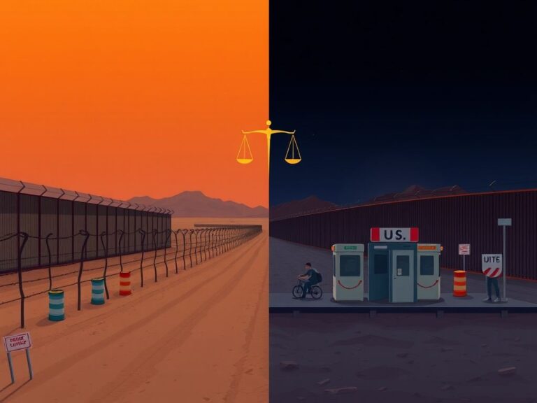 Flick International A split scene of the U.S.-Mexico border, showcasing contrasting landscapes and structures.