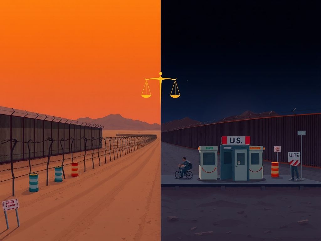 Flick International A split scene of the U.S.-Mexico border, showcasing contrasting landscapes and structures.