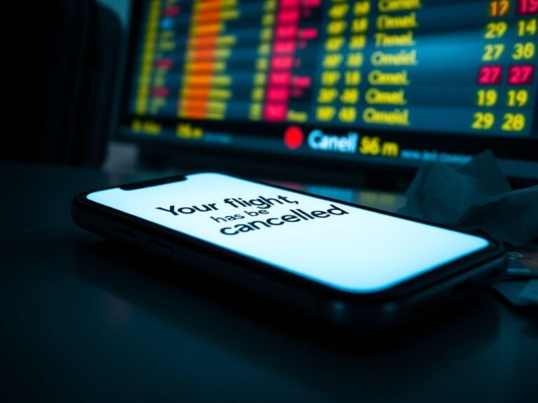 Flick International Close-up of a smartphone displaying a fake flight cancellation text message.