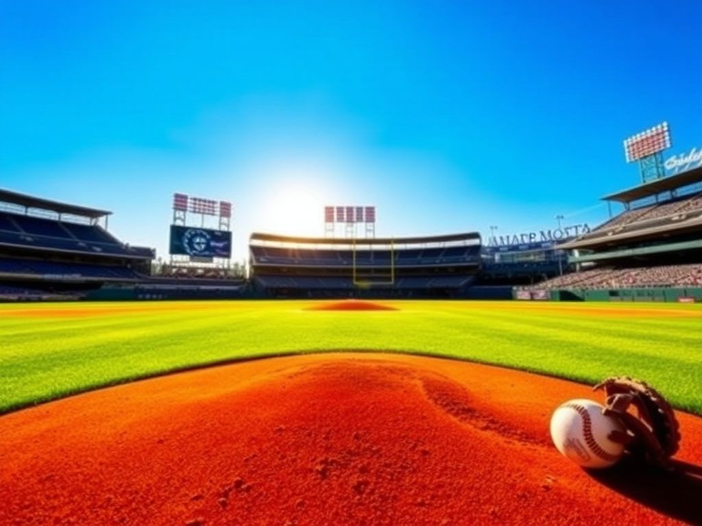 Flick International Vibrant baseball field under a clear blue sky, symbolizing the excitement of the Mariners' new season with Josh Naylor's signing.