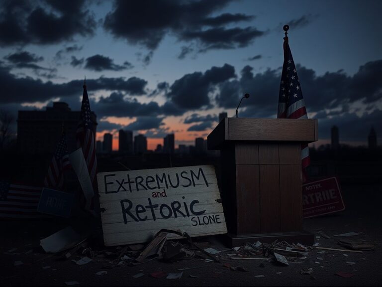 Flick International Stark urban landscape featuring broken political symbols with a weathered podium.