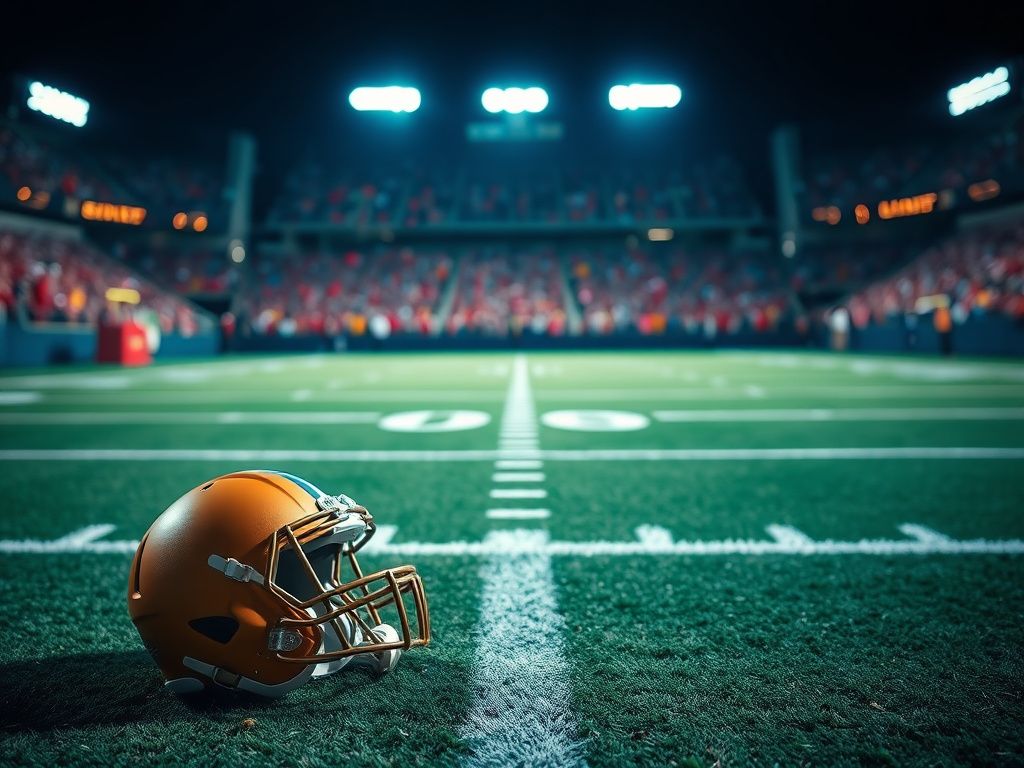 Flick International Close-up of a football helmet and ball on a dimly lit NFL field