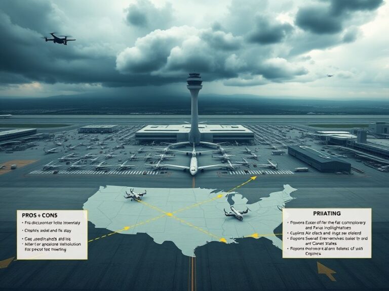 Flick International Aerial view of a busy airport with various aircraft and a control tower under stormy skies