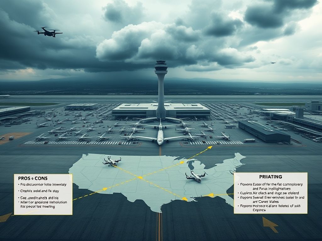 Flick International Aerial view of a busy airport with various aircraft and a control tower under stormy skies