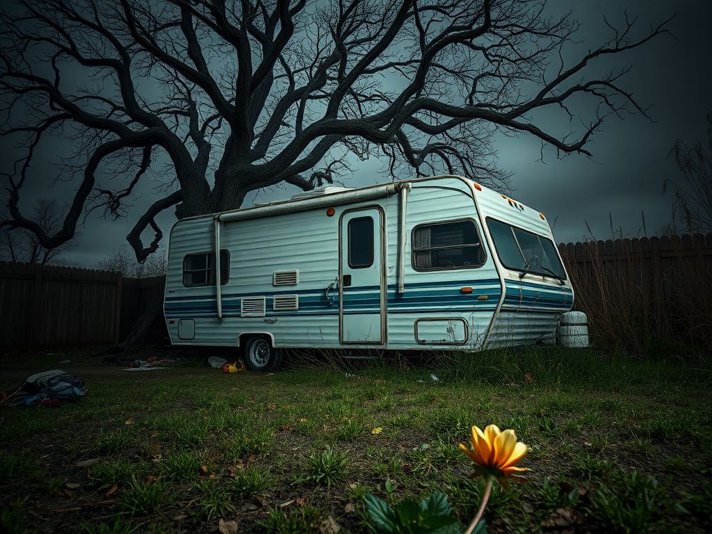 Flick International Abandoned RV under a leafless tree in a somber, overcast setting