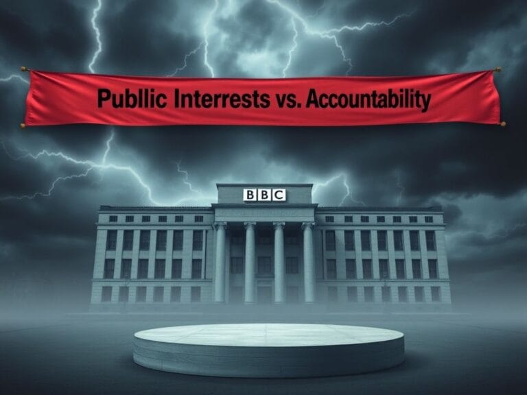 Flick International A large, imposing BBC building with a stormy sky above, symbolizing controversy and tension