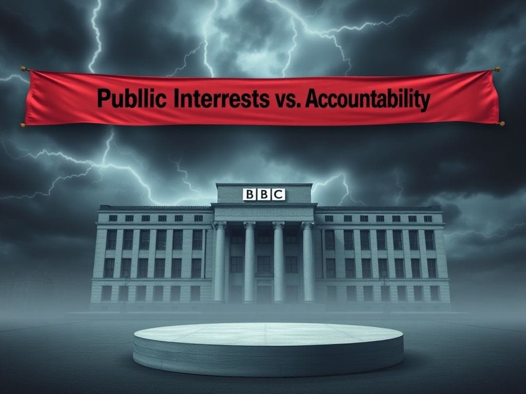 Flick International A large, imposing BBC building with a stormy sky above, symbolizing controversy and tension