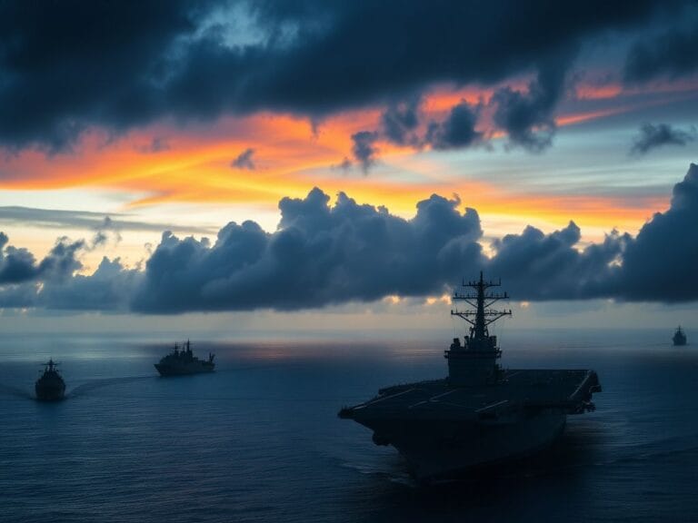 Flick International Dramatic aerial view of a US aircraft carrier in the Caribbean Sea at dusk