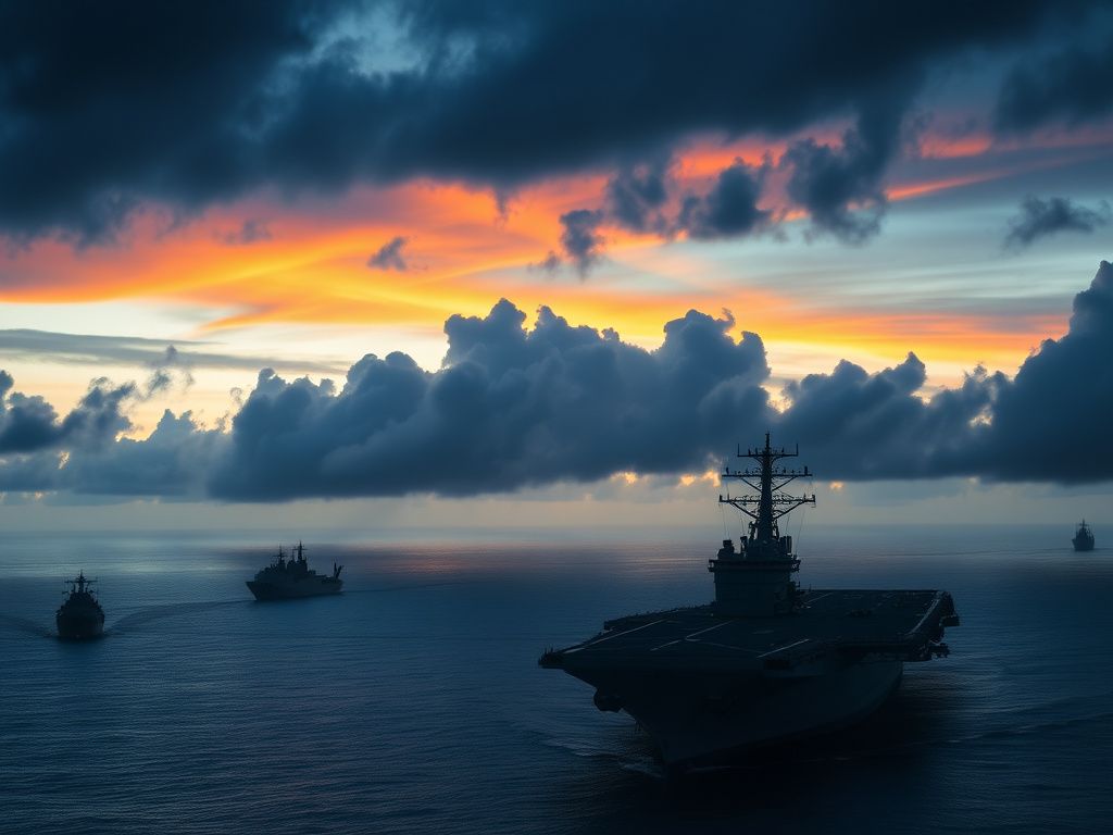 Flick International Dramatic aerial view of a US aircraft carrier in the Caribbean Sea at dusk