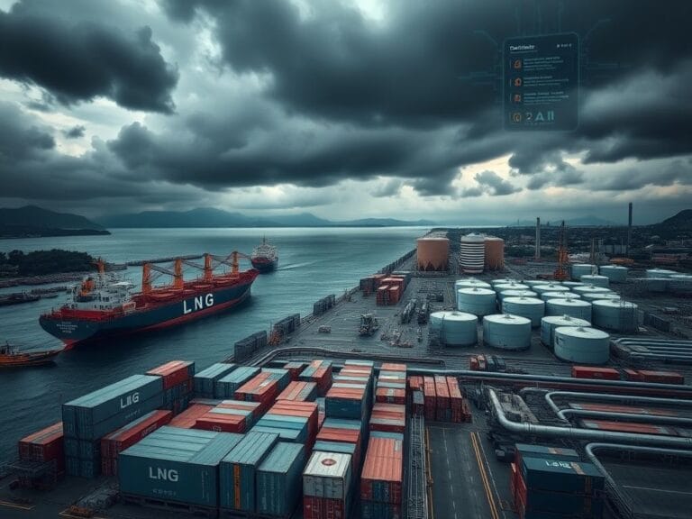 Flick International Dramatic view of a Taiwanese port with cargo ships and coast guard vessels under storm clouds