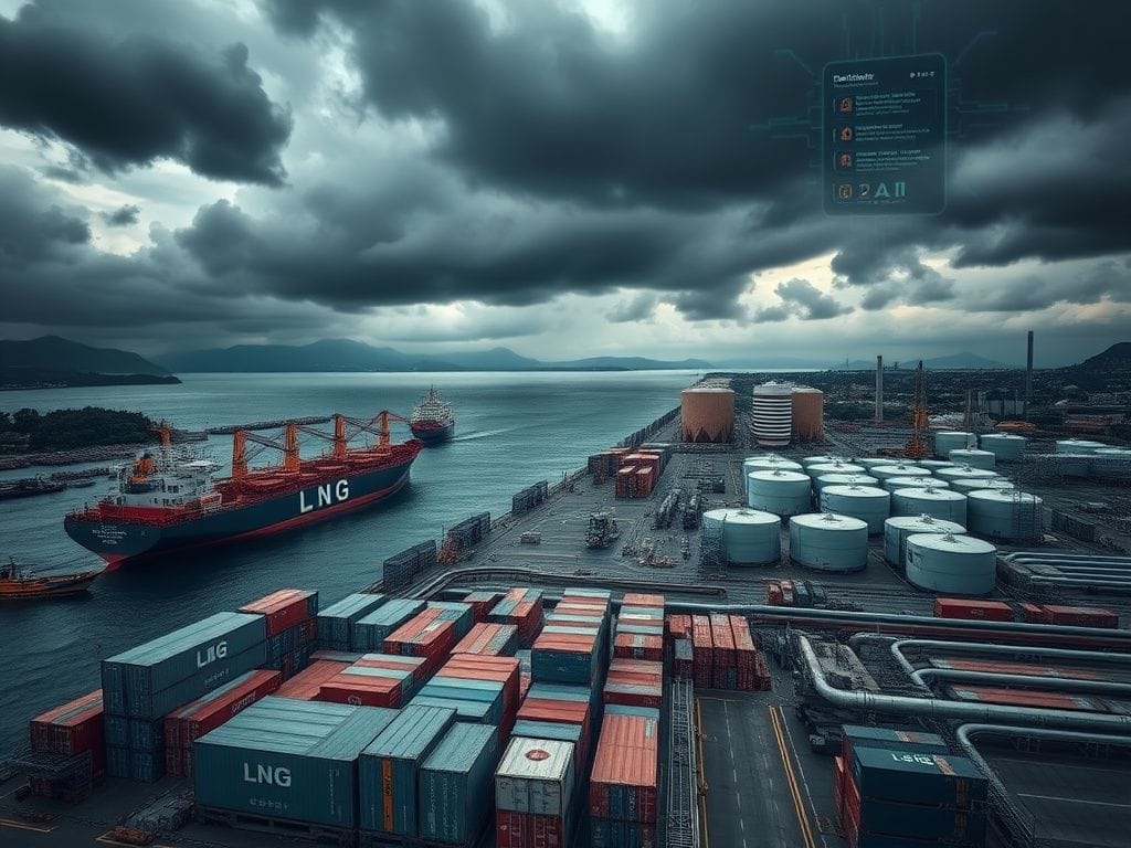 Flick International Dramatic view of a Taiwanese port with cargo ships and coast guard vessels under storm clouds