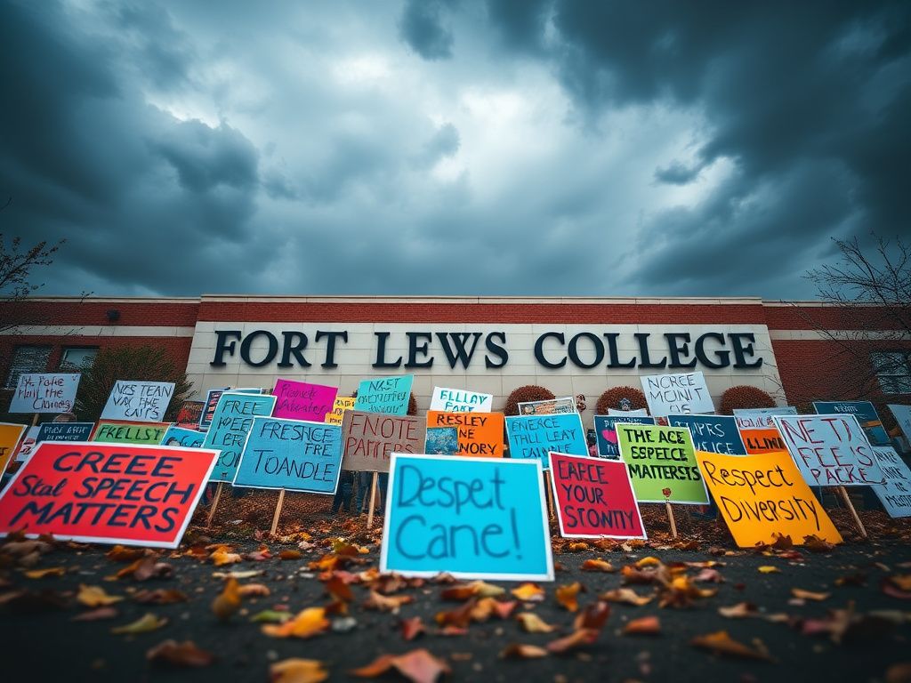 Flick International Dramatic scene outside Fort Lewis College with protest signs and stormy clouds