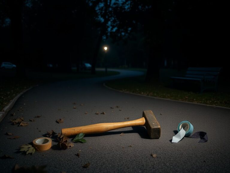 Flick International Battered hammer and discarded items on a jogging path in a dimly lit park at dusk