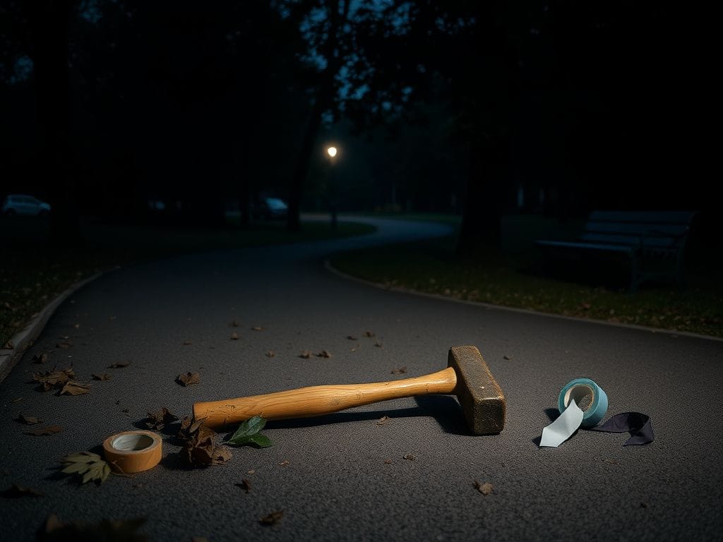 Flick International Battered hammer and discarded items on a jogging path in a dimly lit park at dusk