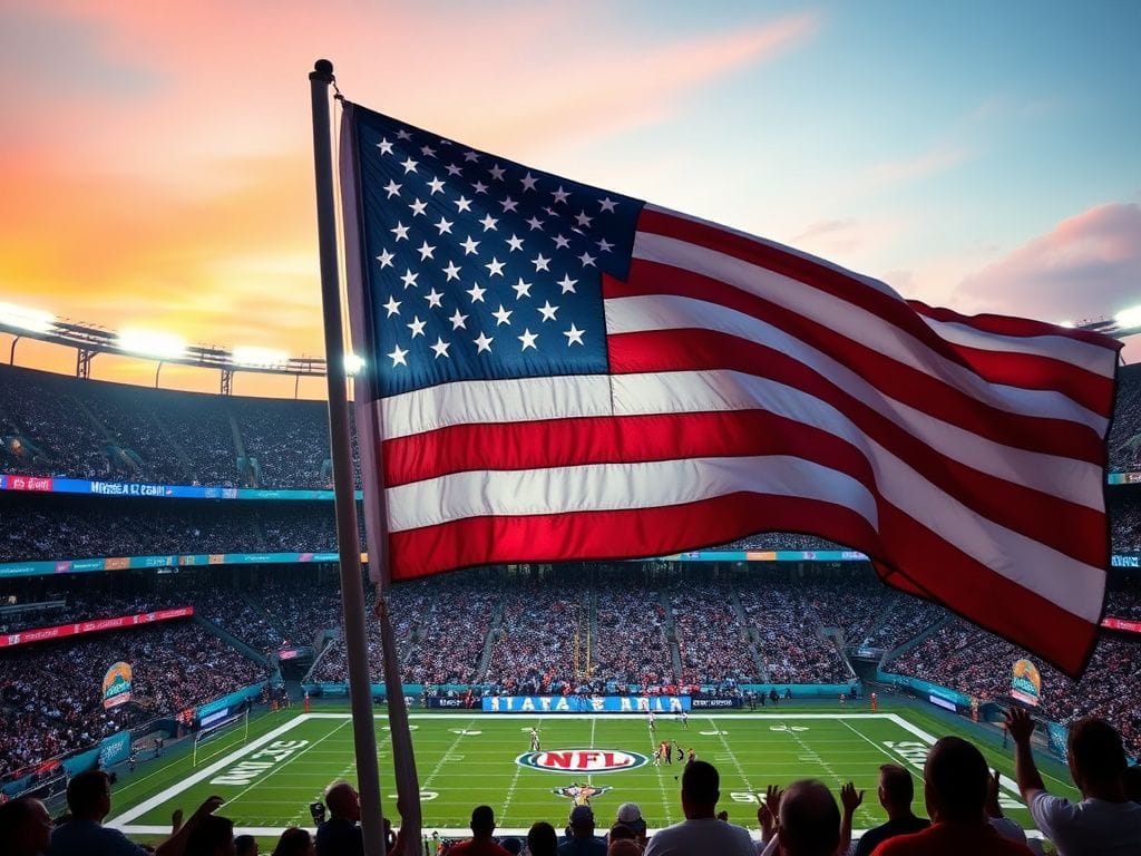 Flick International A vibrant sports stadium in Madrid during an NFL game with an American flag in the foreground