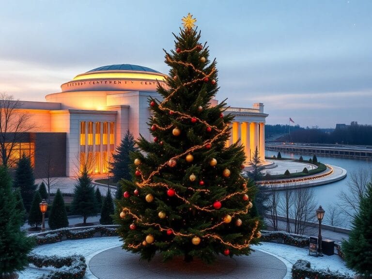 Flick International Majestic 18-foot red spruce Christmas tree at the Kennedy Center adorned with lights and ornaments