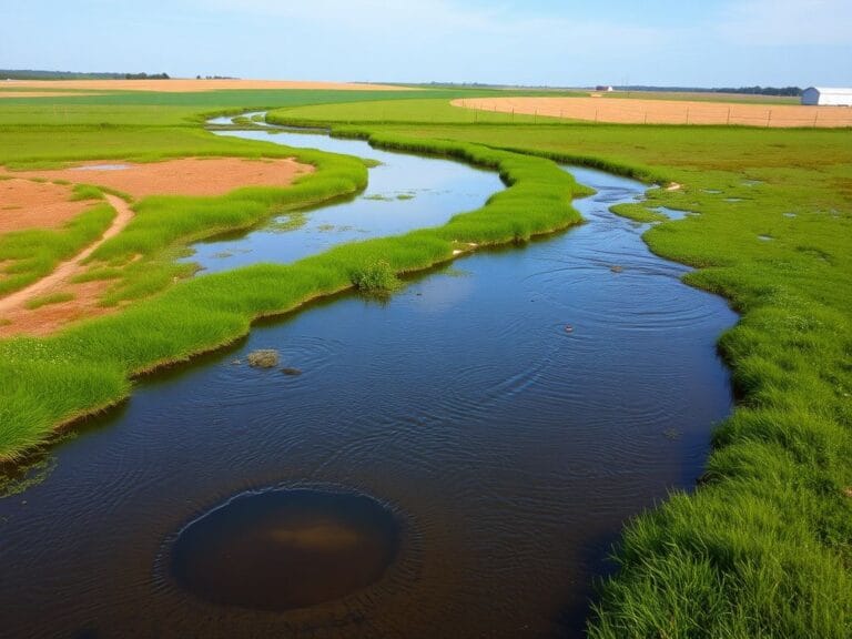 Flick International A tranquil landscape with a gentle stream and wetlands, featuring a small puddle reflecting the sky.