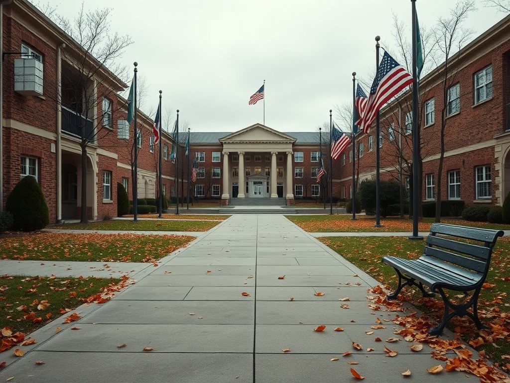 Flick International Empty campus landscape at a U.S. college with flags at half-mast symbolizing drop in international student enrollment