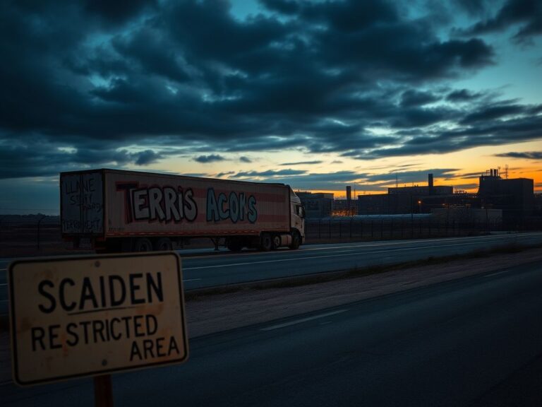 Flick International Abandoned truck parked on a desolate highway with graffiti related to terrorism