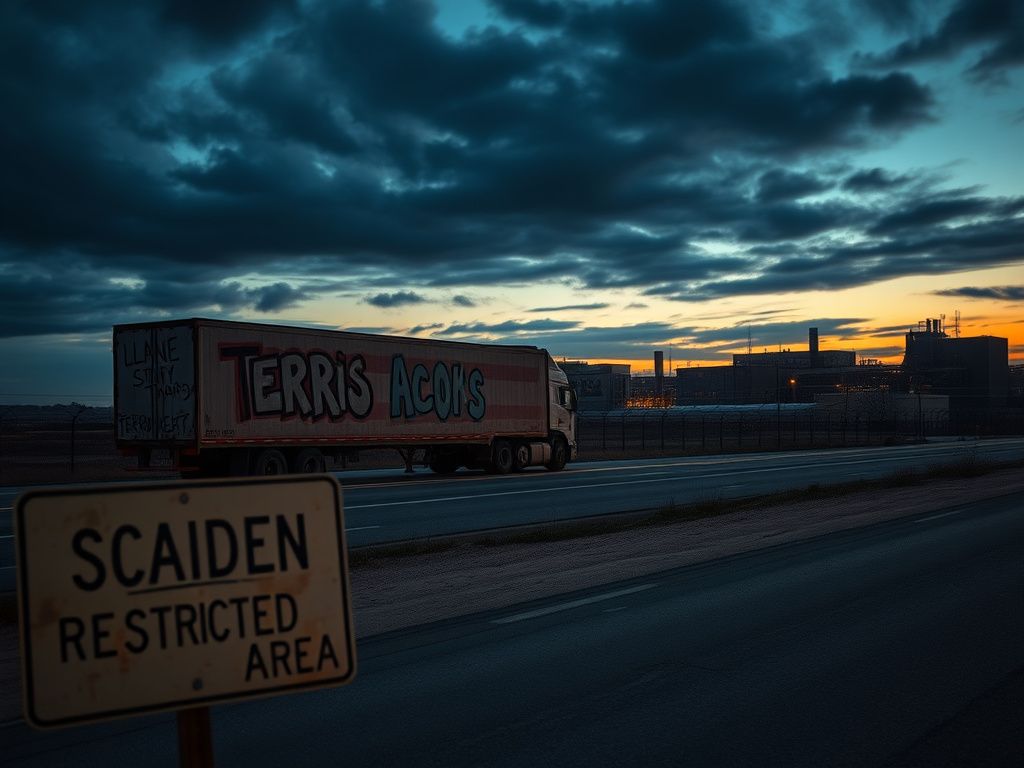 Flick International Abandoned truck parked on a desolate highway with graffiti related to terrorism
