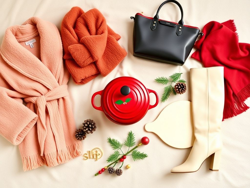 Flick International A festive flat lay of luxury items from Nordstrom's Early Black Friday sale, featuring a Le Creuset mini cocotte, Barefoot Dreams robe, and seasonal decorations.