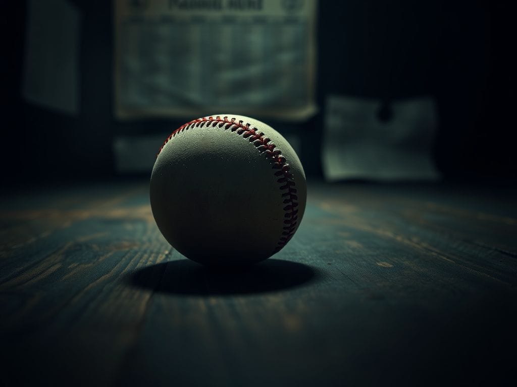 Flick International Close-up of a weathered baseball on a dimly lit wooden table