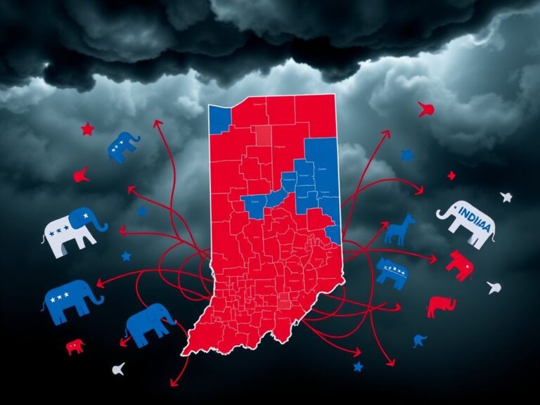 Flick International Aerial view of an intricate congressional map of Indiana with contrasting colors.