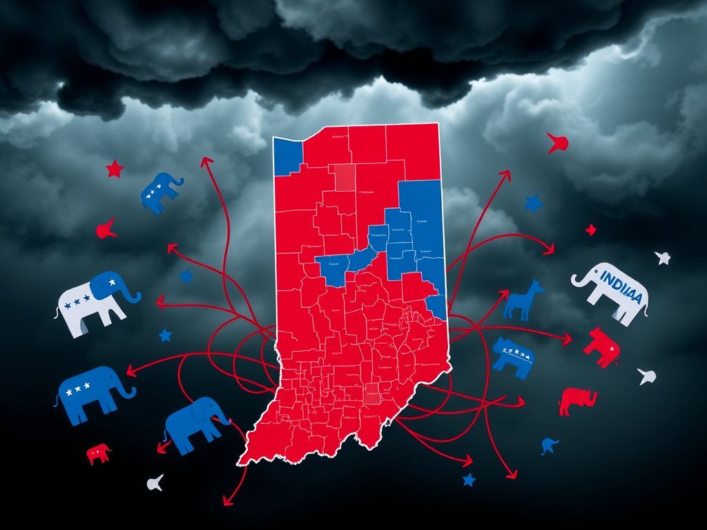 Flick International Aerial view of an intricate congressional map of Indiana with contrasting colors.