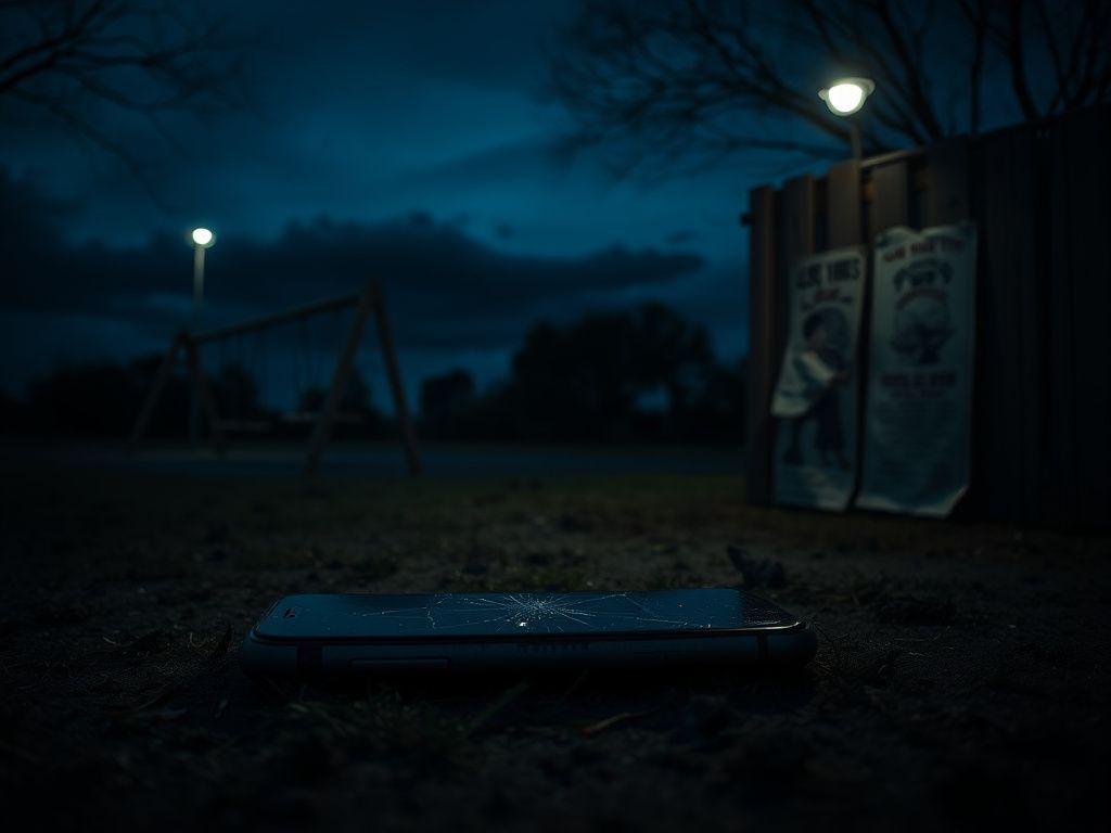 Flick International Dimly lit Texas landscape featuring a weathered smartphone on the ground near a deserted playground
