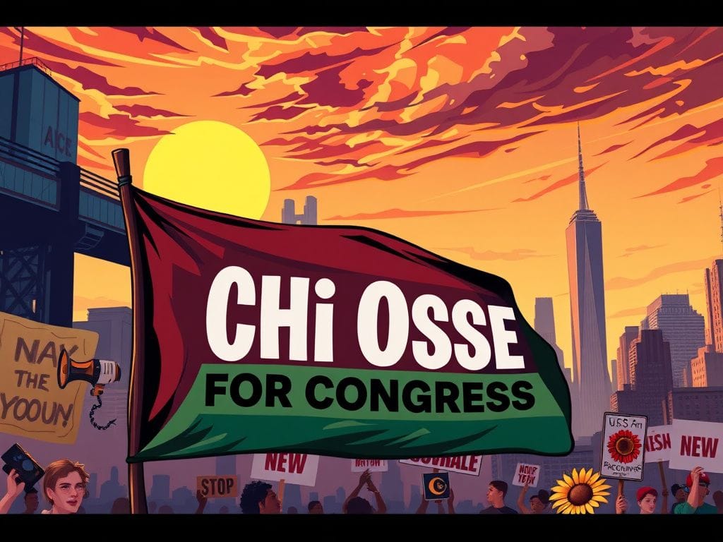 Flick International Weathered campaign banner 'Chi Ossé for Congress' fluttering in front of the Brooklyn skyline